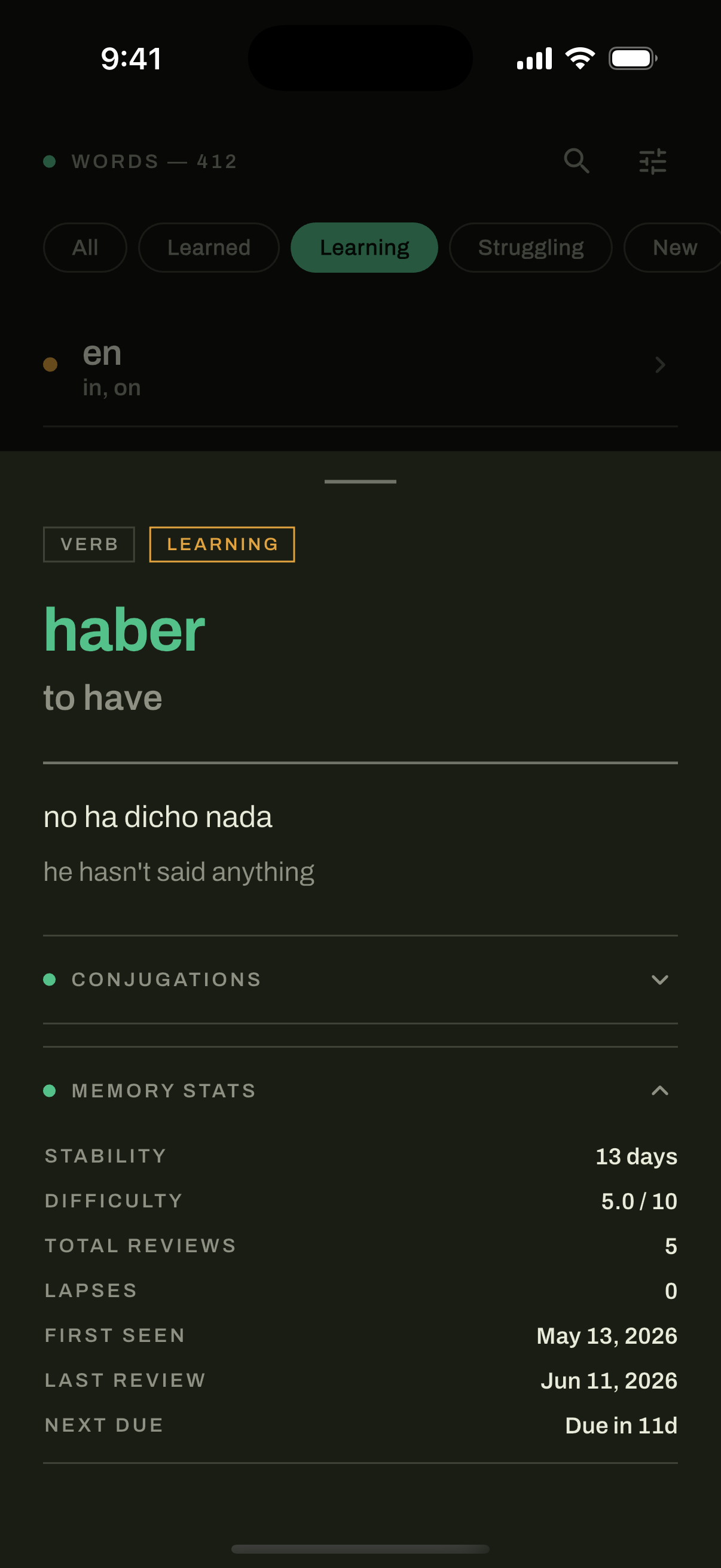 Word detail showing memory stats - stability, difficulty, and next review date